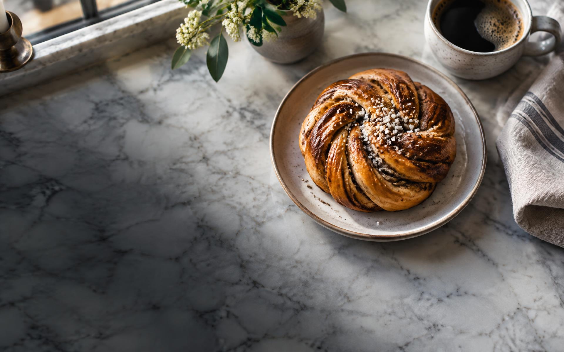 Nygräddad kardemummabulle och kaffe på marmorbord